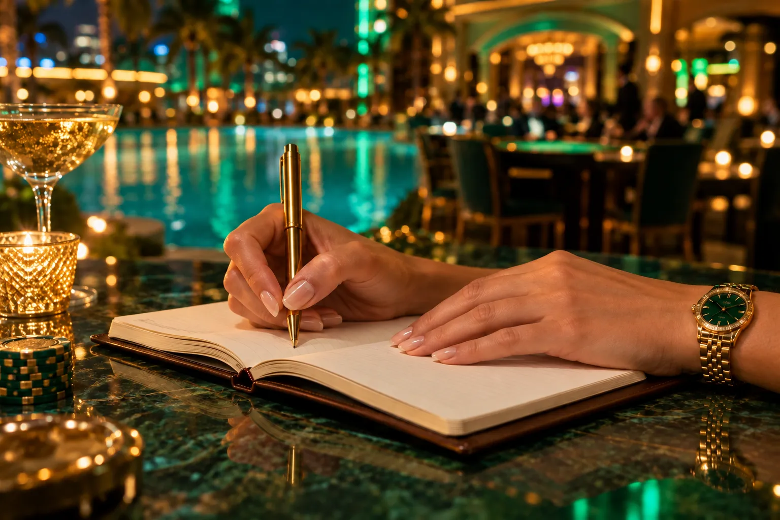 Manicured hands with a gold pen resting on an open notebook at a tropical resort casino