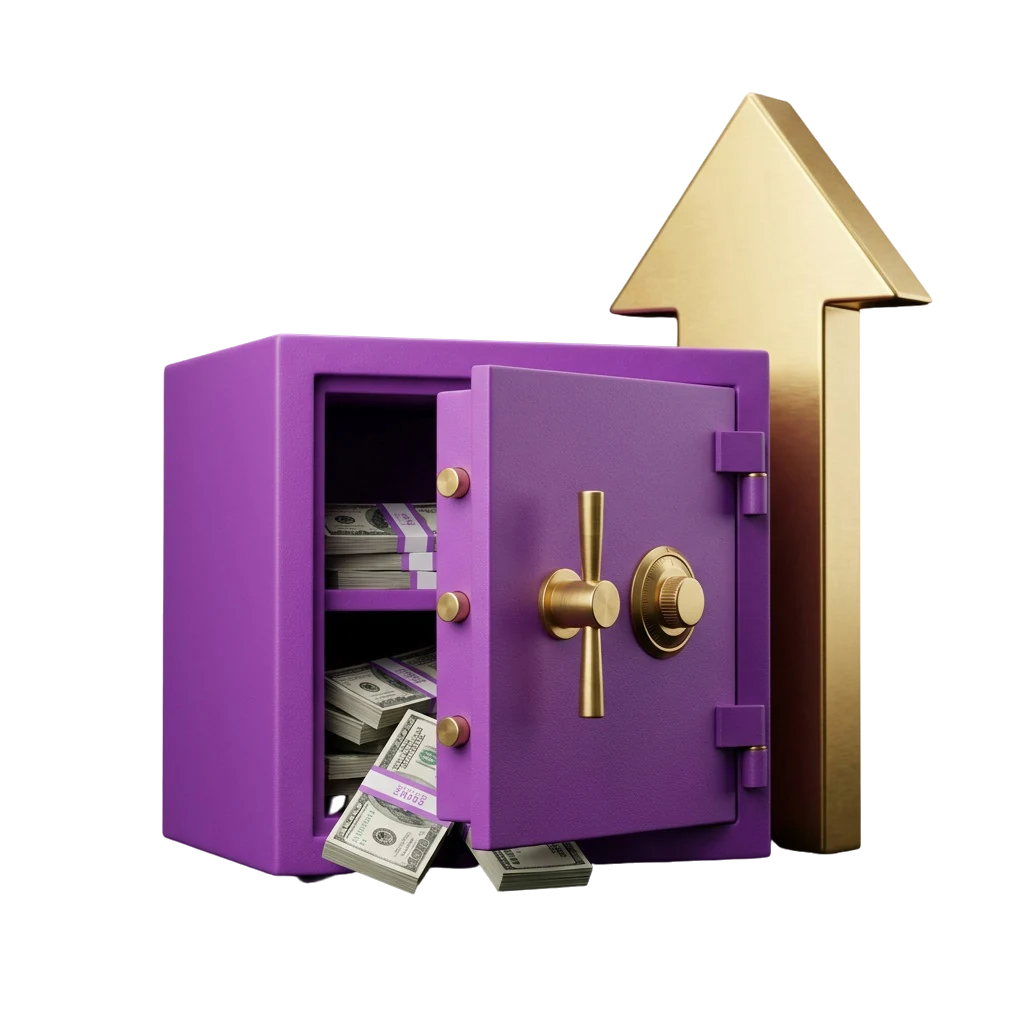 Purple safe with cash spilling from its door, standing in for secure, verified withdrawals at Here2Win Casino