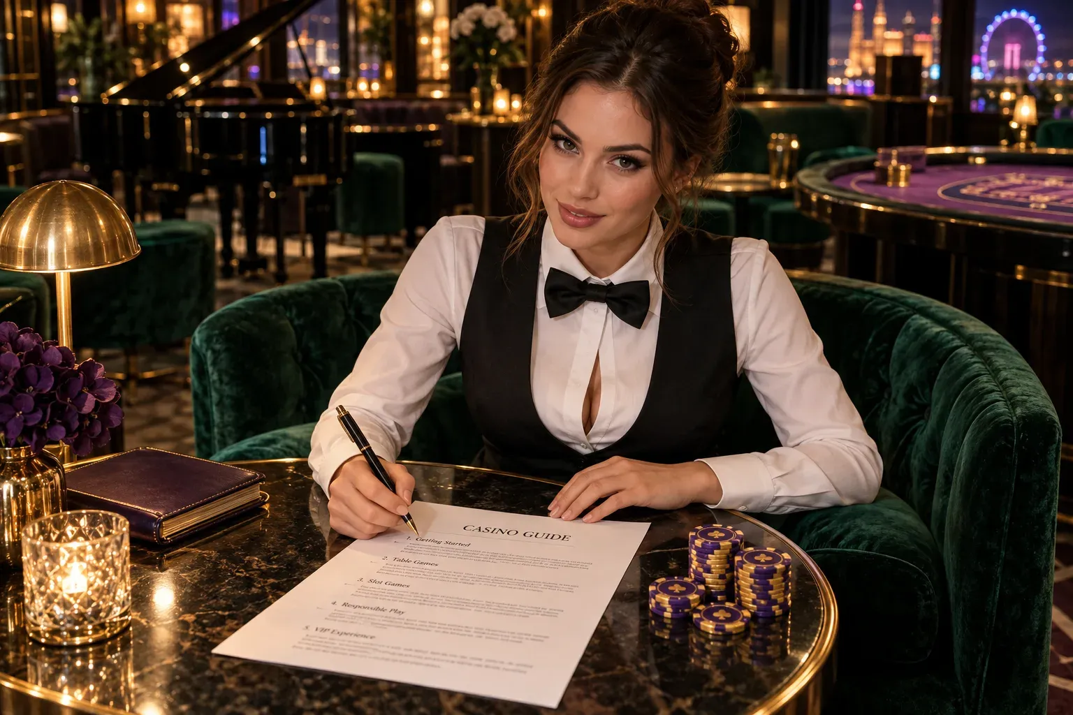 Croupier reviewing a typed guide draft beside a stack of chips in a velvet jazz lounge