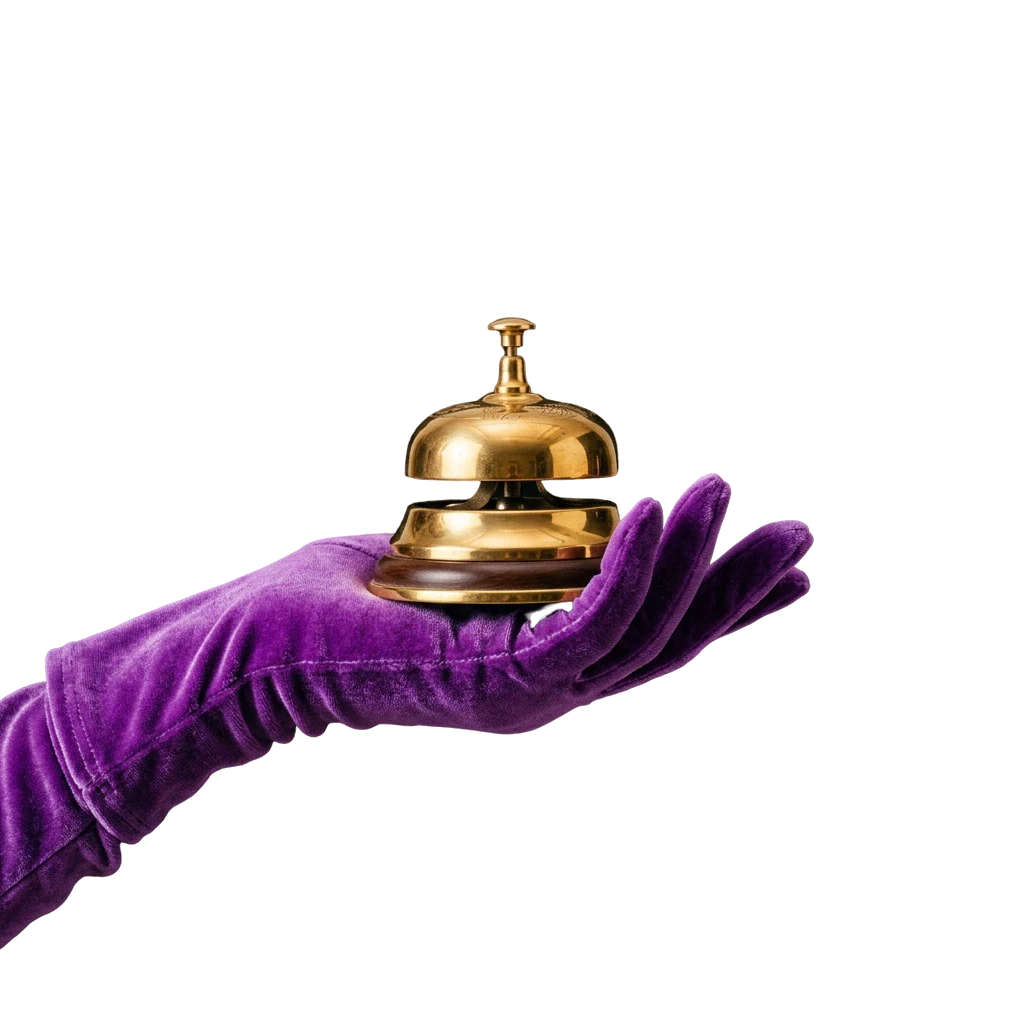 Gloved hand ringing a golden service bell, standing in for calling on Here2Win Casino support