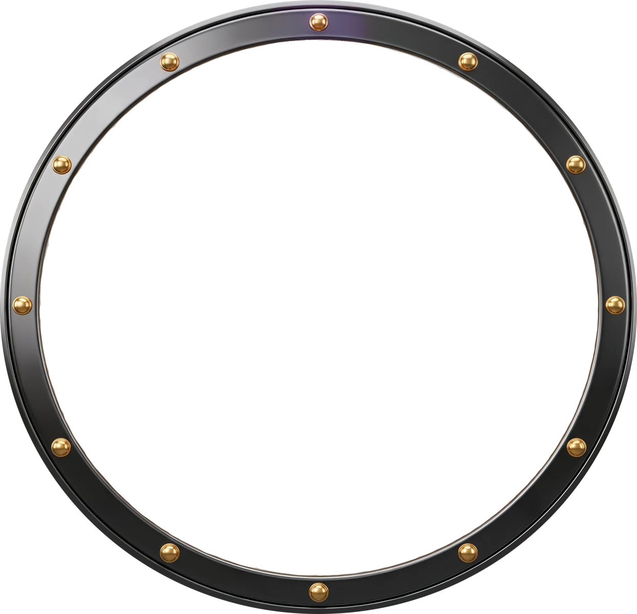 Dark circular metal frame with gold rivets, used here as a visual accent for account identity checks