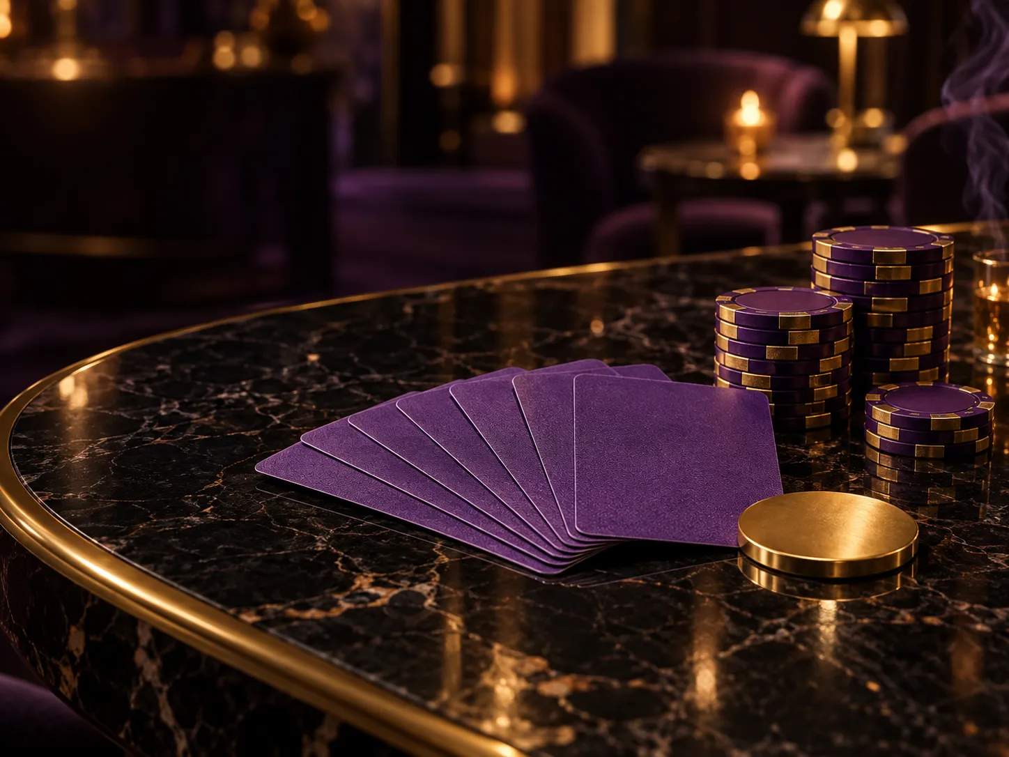 Close detail of a casino card table showing chips and felt