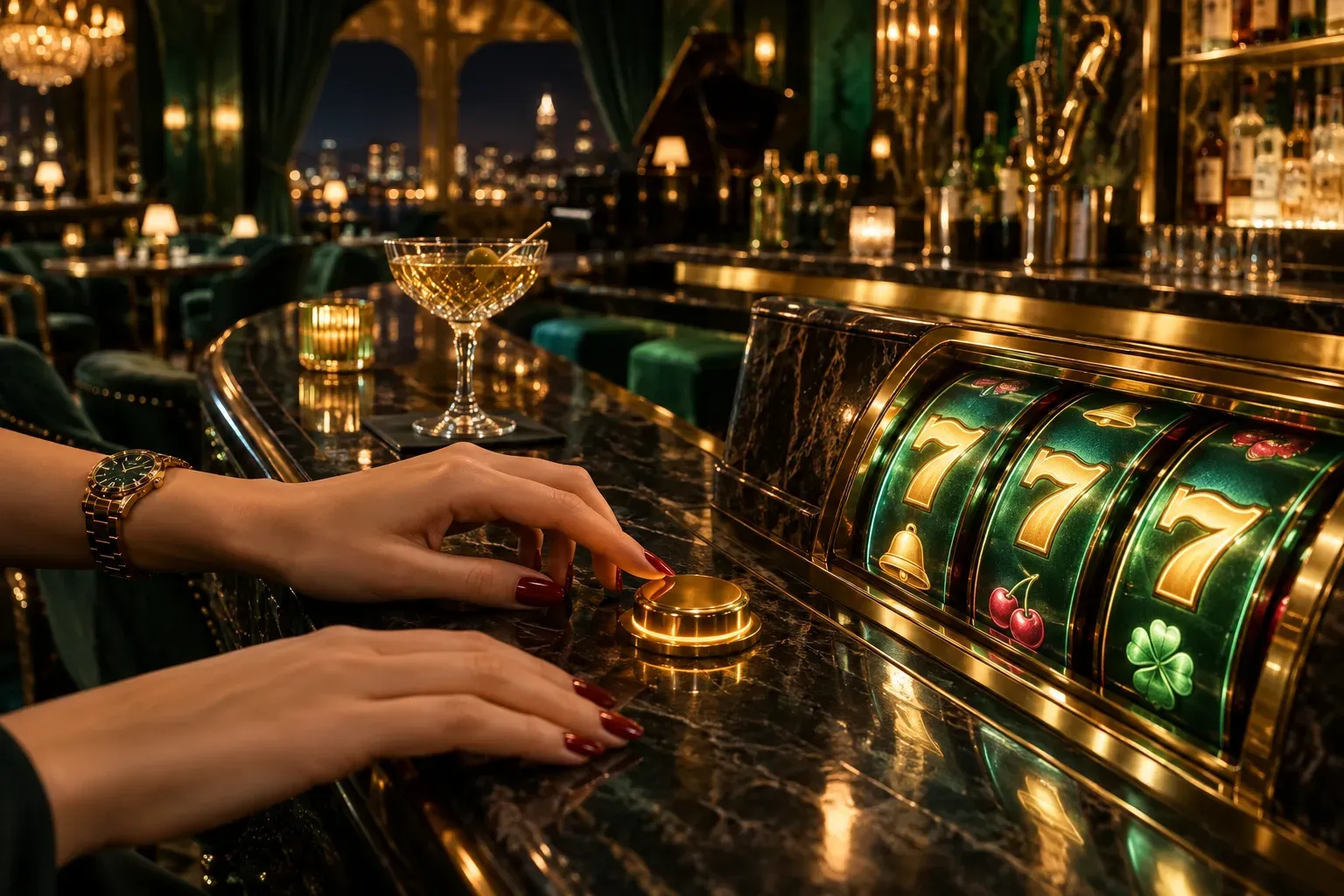 Manicured hands touching a golden buy-feature button beside glowing slot reels in a speakeasy